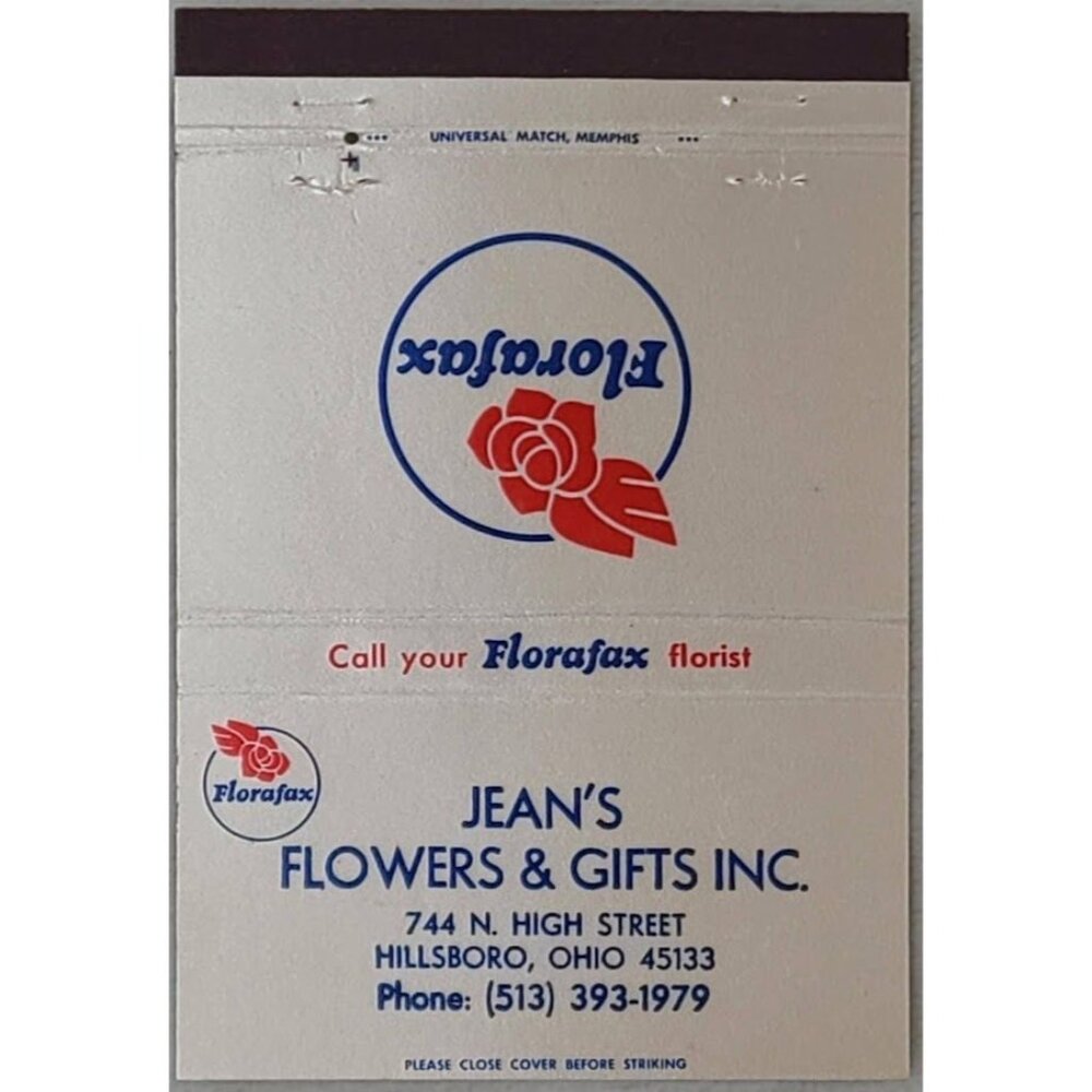 Vintage Jean’s Flowers & Gifts Matchbook Cover Hillsboro Ohio Florafax OH
